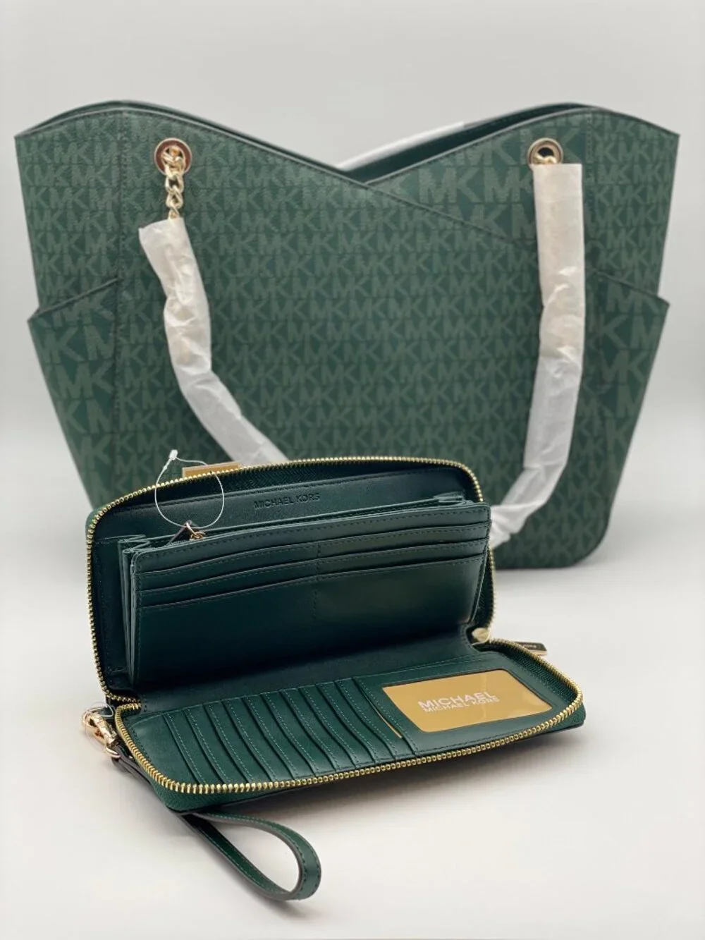 Michael Kors Jet Set Large Signature Logo Bag w/ Racing Green Continental Wallet